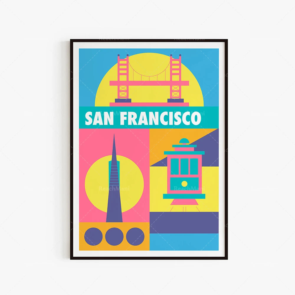 Une affiche graphique colorée et stylisée représentant les principaux points d'intérêt de la ville de San Francisco, notamment le Golden Gate Bridge, la Coit Tower et le tramway.