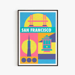 Une affiche graphique colorée et stylisée représentant les principaux points d'intérêt de la ville de San Francisco, notamment le Golden Gate Bridge, la Coit Tower et le tramway.