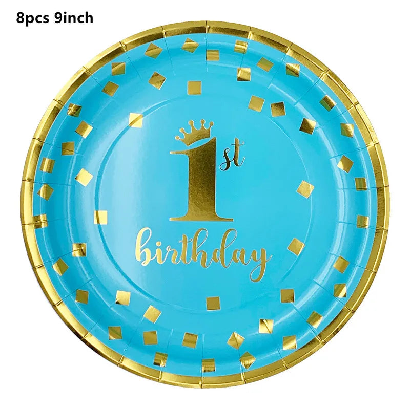 assiettes bleu clair anniversaire 1er anniversaire doré festif serviettes gobelets napkin tablecloth set festivités