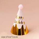 chapeaux fête anniversaire or bleu marine rayures pois dorés happy birthday moderne festif