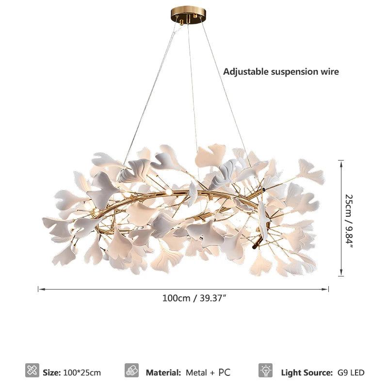 lampe suspendue feuilles gingko blanc doré contemporaine élégante salon chambre lumière chaînes porcelainière
