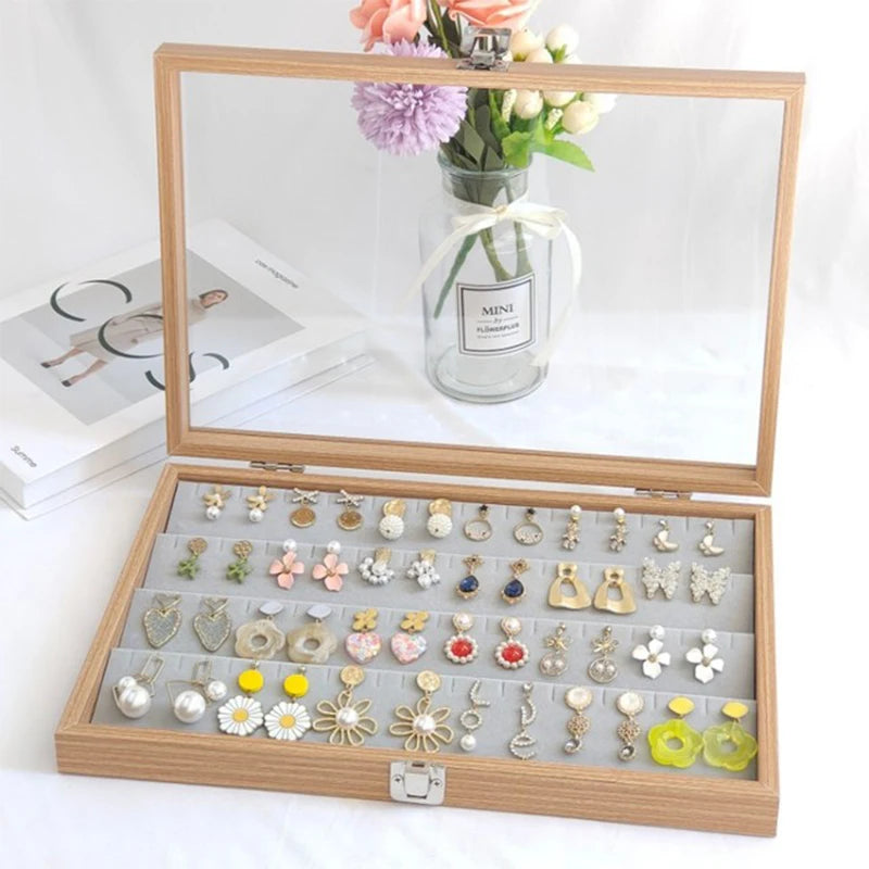 boîte bijoux bois naturel moderne boucles doreilles cadenas 35x24x5cm organisateur rangement transparent grille