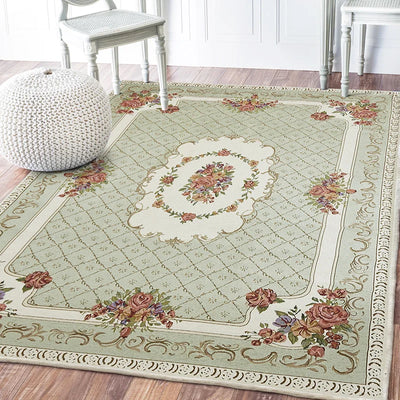 Tapis salon vert clair jacquard fleuri