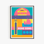 L'affiche présente des symboles distinctifs de Hong Kong, notamment un toit de pagode, un gratte-ciel et des jonques, dans un style graphique coloré et géométrique.