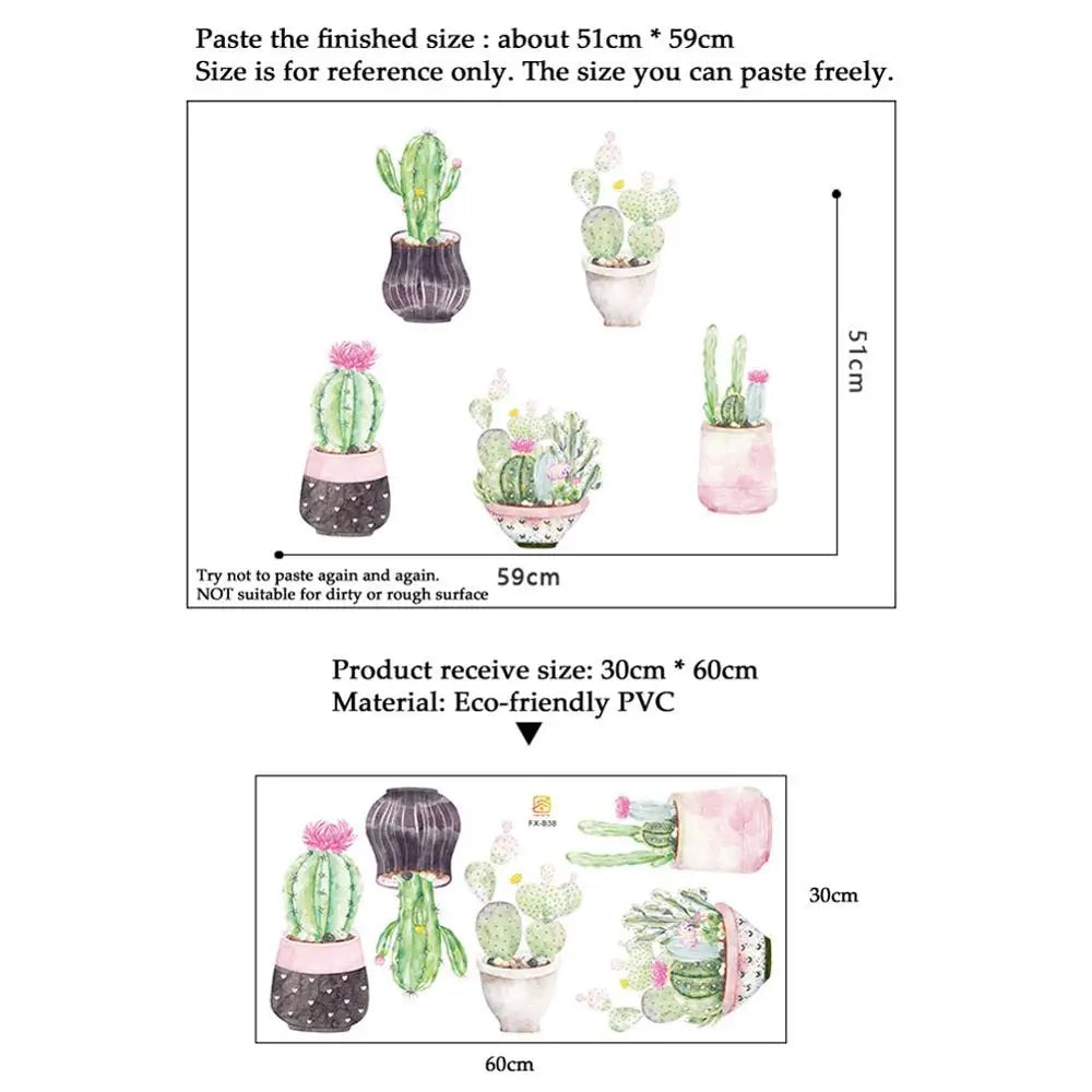 sticker mural cactus aquarelle vert rose gris illustration moderne adhésif intérieur décoration salon chambre