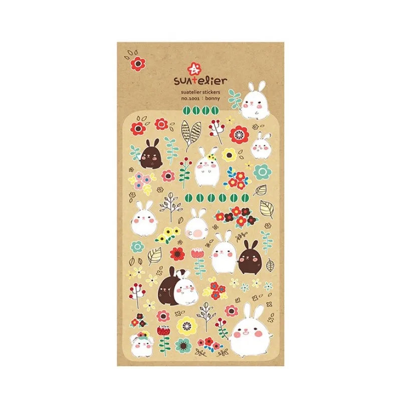 sticker lapin mignon fleurs motifs géométriques scrapbooking diy junk journal blanc noir rose vert