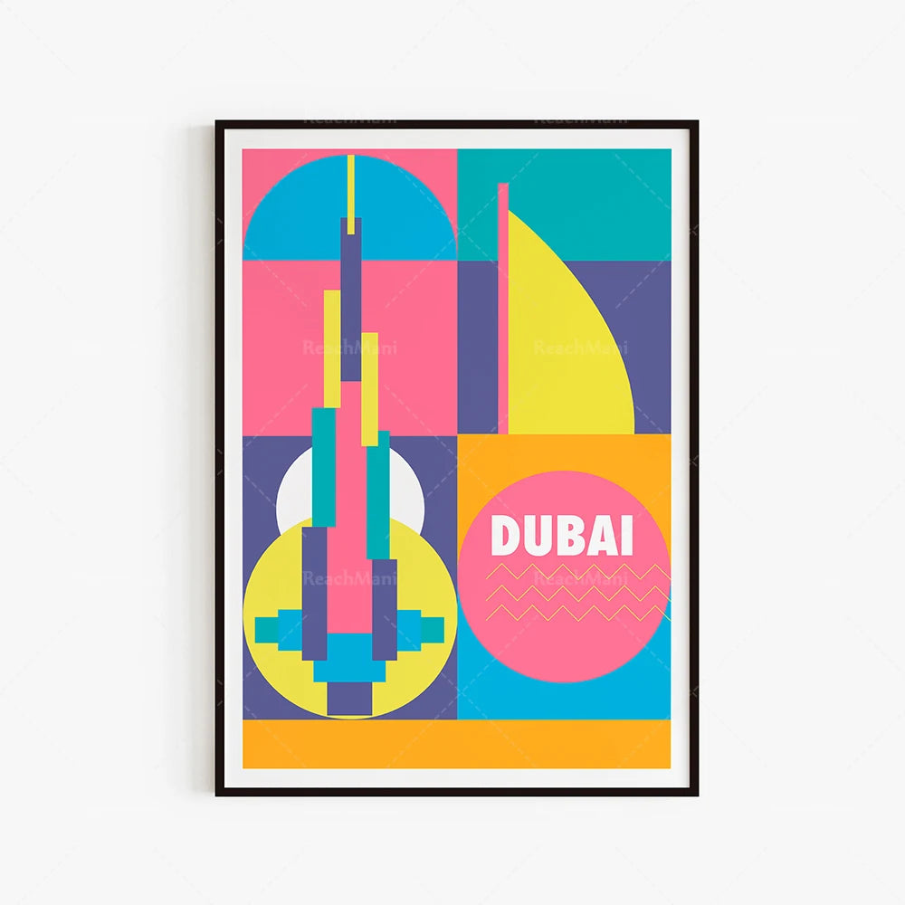 Affiche colorée représentant des formes géométriques abstraites et le texte "DUBAI", créant une composition graphique moderne et lumineuse.