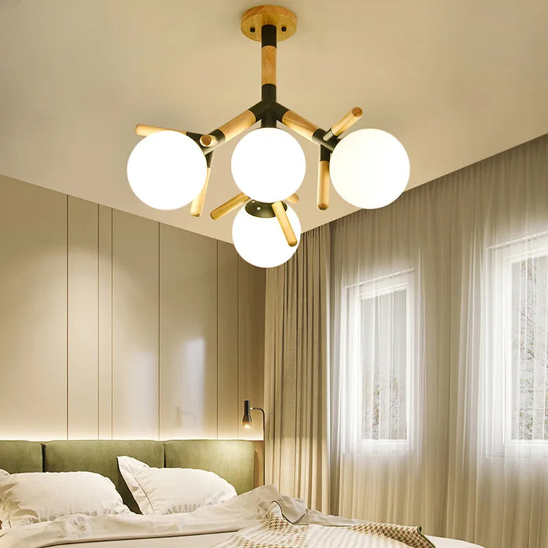 lampe suspendue moderne blanc bois sphères opaques scandinave chaines métallique