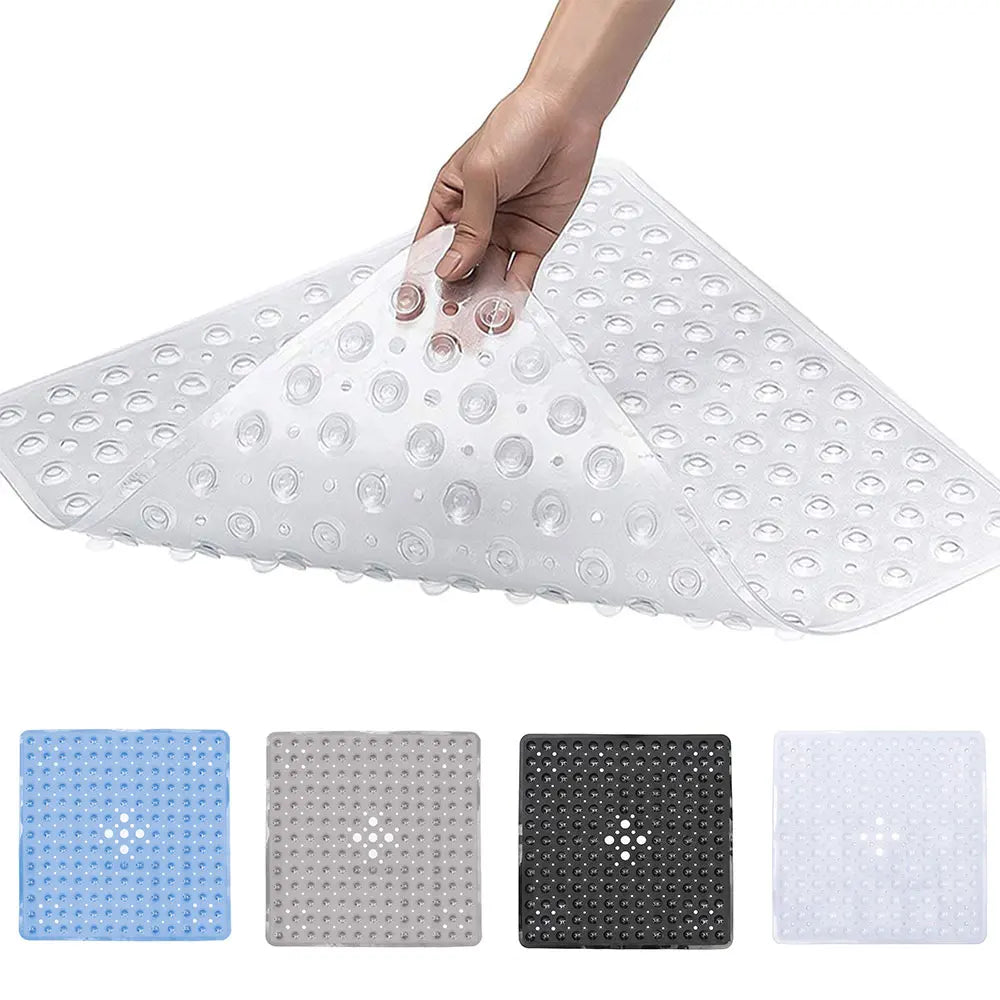 tapis bain antidérapant moderne bleu clair gris perforations rondes transparent PVC respectueux environnement salle