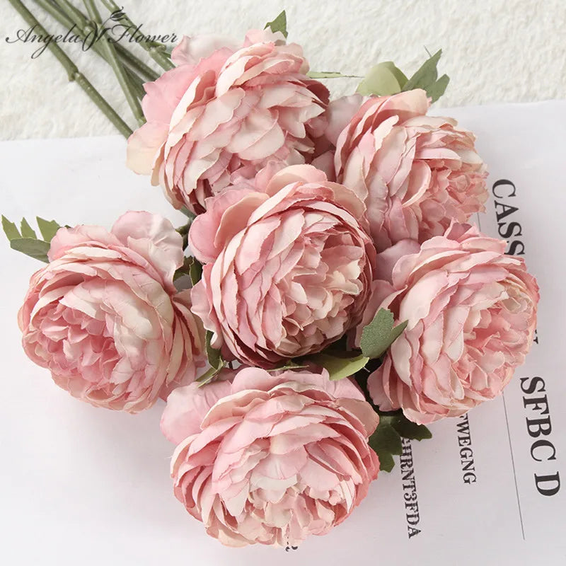 Bouquet artificiel pivoine rose pâle blanc feuilles vertes décoration intérieure romantique 29cm total length