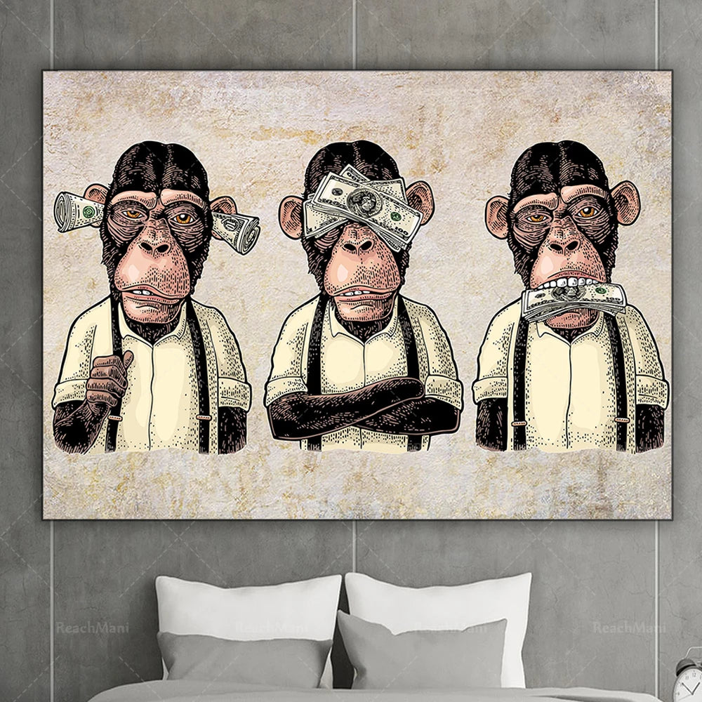 Trois singes montrés comme symboles de la sagesse, avec des billets de banque sur les yeux et la bouche, suggérant des thèmes de cupidité et d'aveuglement volontaire.