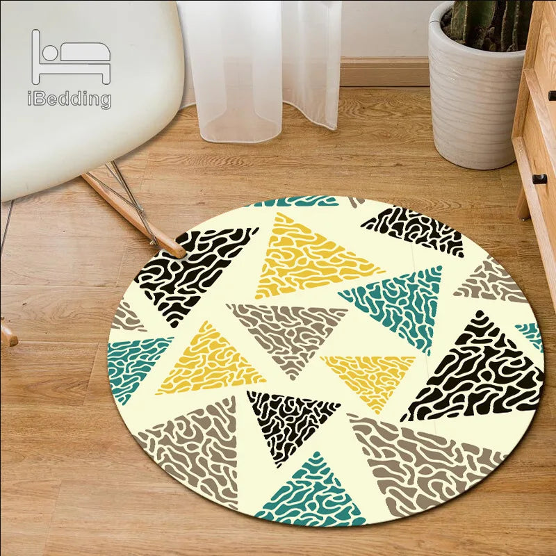 tapis rond personnalisable moderne triangles géométriques blanc gris bleu jaune noir salon