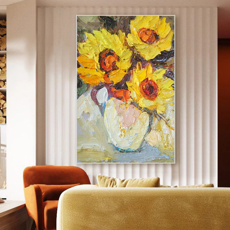 tableau abstrait peinture l'huile tournesol fleur moderne impressionniste toile sans cadre vertical salonDecoration Jaune