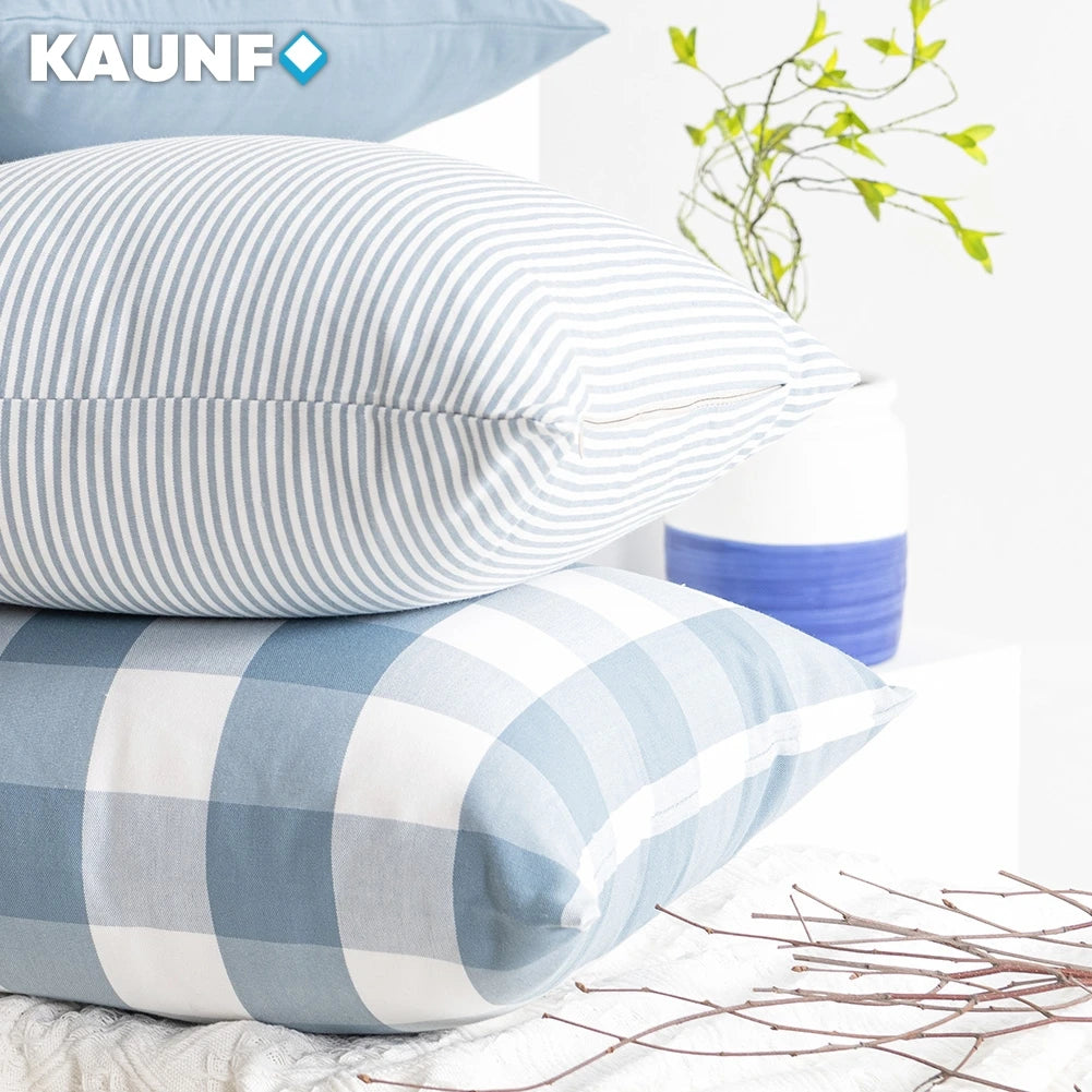 housse coussin polyester bleu clair rayures carreaux moderne décoration maison lit chaise canapé