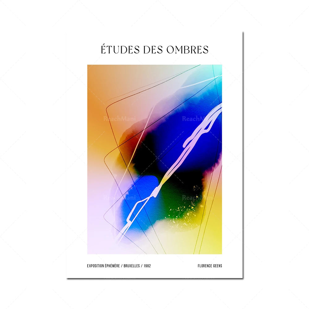 Affiche abstraite multicolore avec des formes et lignes dynamiques, intitulée "Études des Ombres" de l'artiste Florence Geens, exposée en 1982 à Bruxelles.