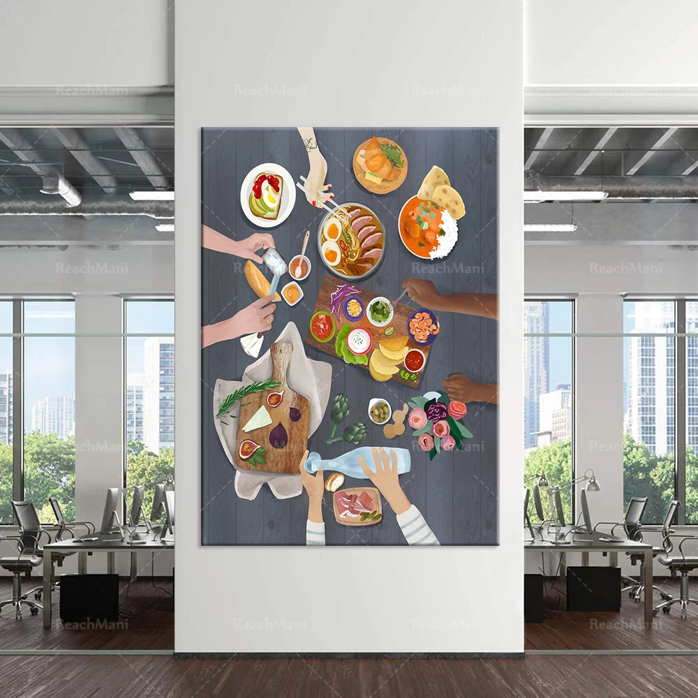 Représentation visuelle de différents plats et ingrédients alimentaires disposés sur une table en bois sombre, avec des fenêtres offrant une vue sur un paysage urbain en arrière-plan.