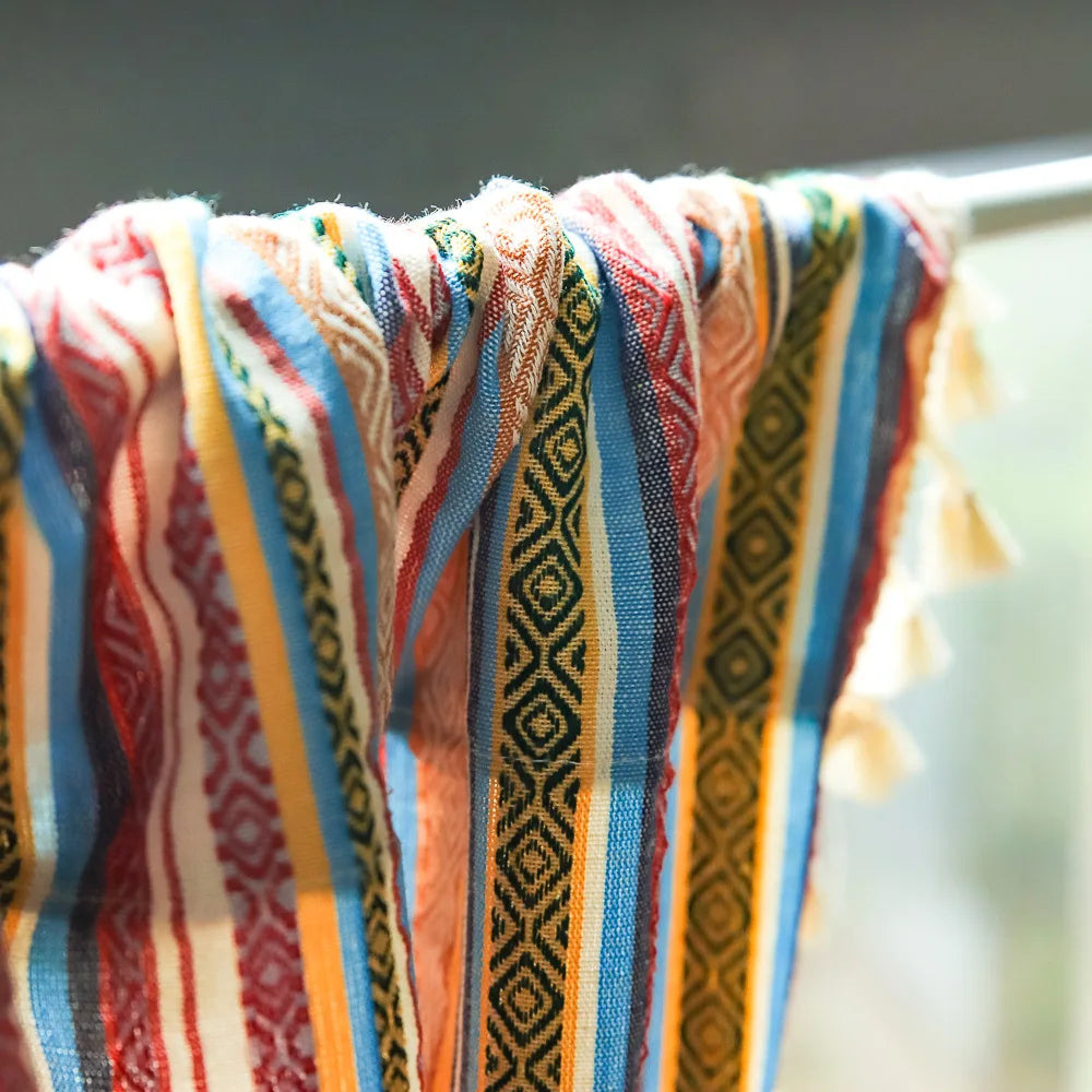 rideau bohème multicolore rayures géométriques opacité ethnique maison coton brodé pompons