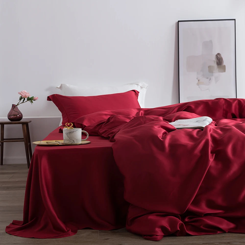 ensemble literie soie rose poudré drap housse taies oreillers minimaliste moderne élégant doux respirant