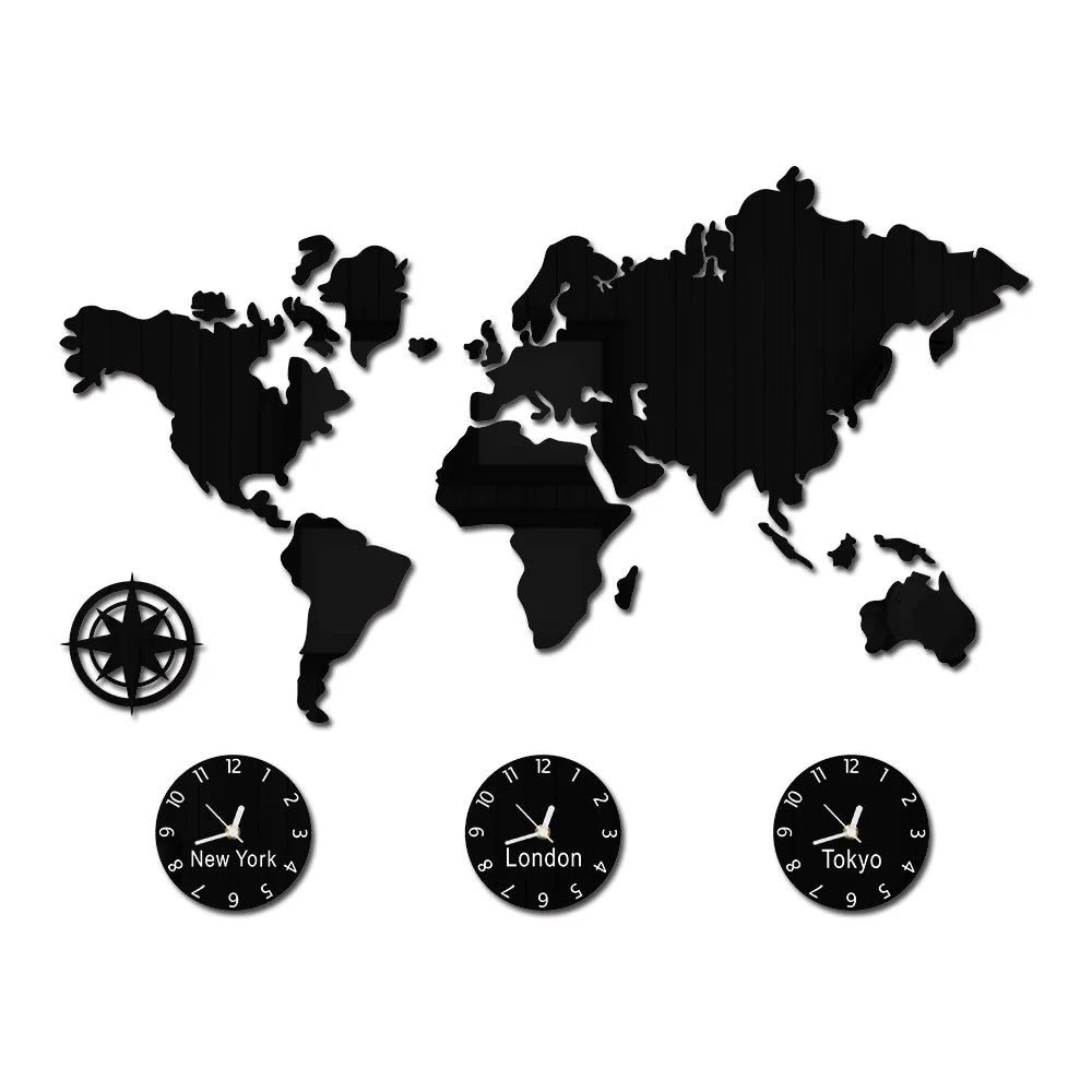décoration murale carte monde horloges york londres tokyo boussole moderne géographique