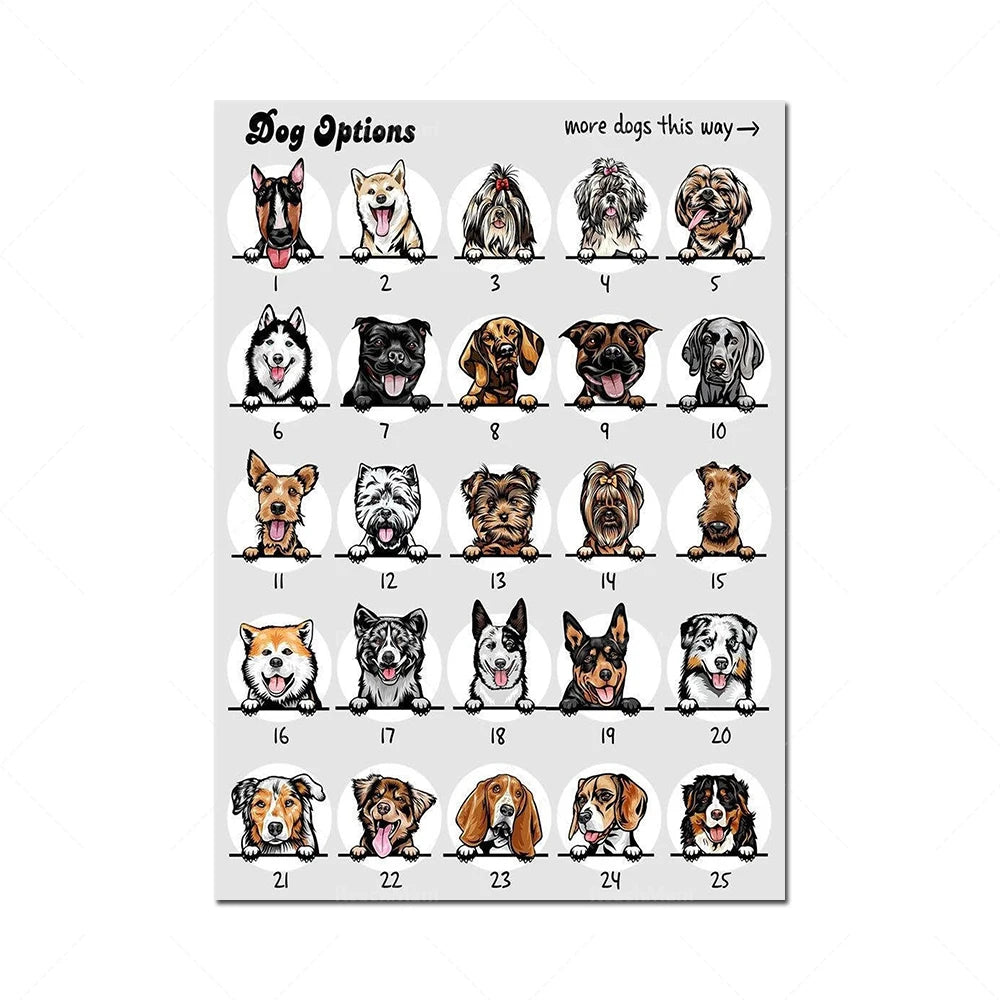 Cette image présente une variété de races de chiens avec leurs noms et numéros correspondants, offrant de multiples options pour les propriétaires de chiens.