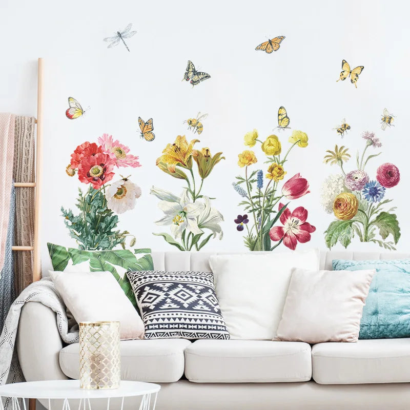 sticker mural fleurs papillons adhésif pvc résistant eau botanique chambre salon decoration aquarelle moderne