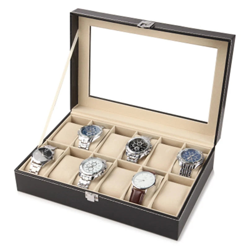 boîte rangement montres simili cuir noir 12 slots classique