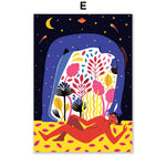 Illustration d'un paysage nocturne fantaisiste avec des formes et des couleurs abstraites évoquant une scène de repos et de détente dans un environnement imaginaire.