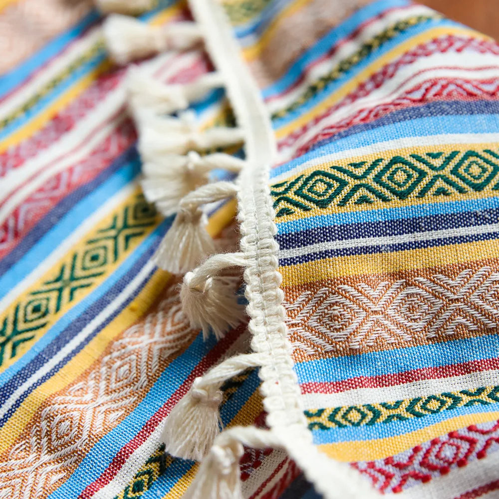 rideau bohème multicolore rayures géométriques opacité ethnique maison coton brodé pompons