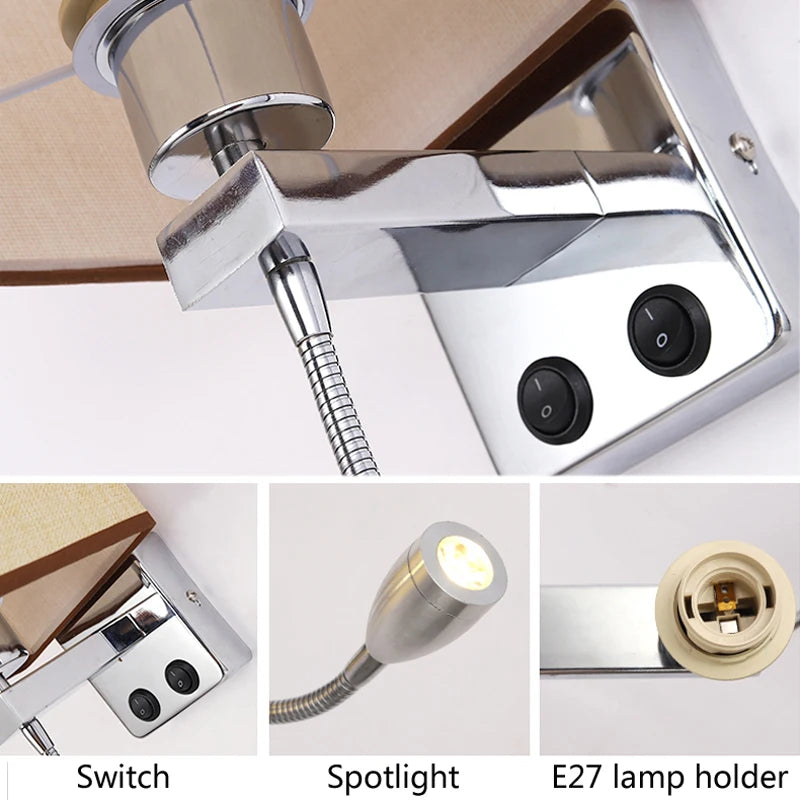 lampe murale moderne beige chrome toile lin interrupteur spot e27 cuisine chambre coucher entrée