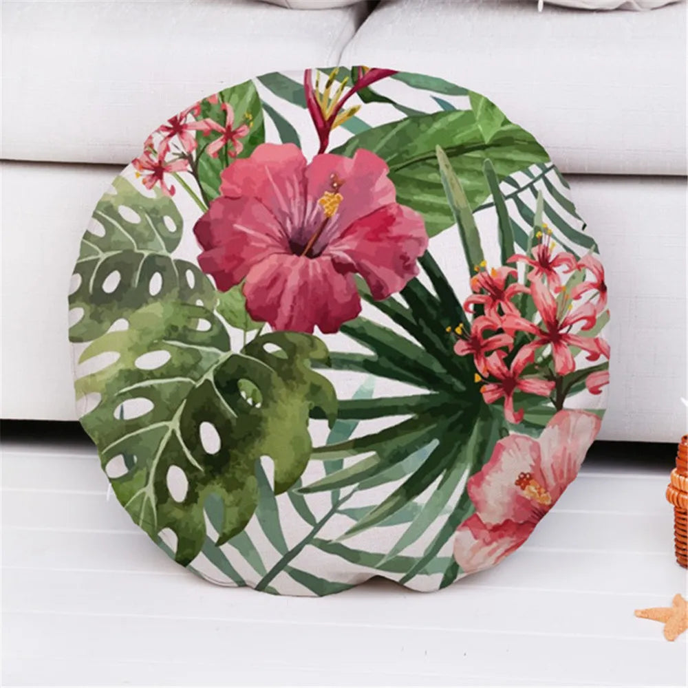 housse coussin rond motif plante feuilles fleurs verte bleue blanche moderne canapé lit voiture