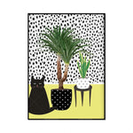 Une scène whimsique avec un chat noir, une plante verdoyante et un motif de points noirs et blancs sur le fond.