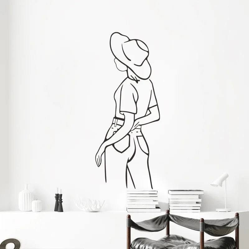 décoration murale adhésive sticker féminin silhouette chapeau noir blanc minimaliste moderne