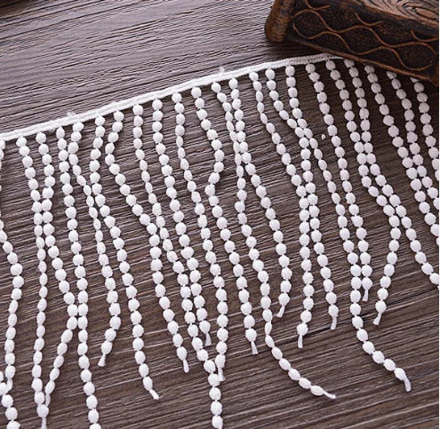 ruban pompons blancs coton décoratif largeur 11.4cm effet bohème solubre franges semi transparent