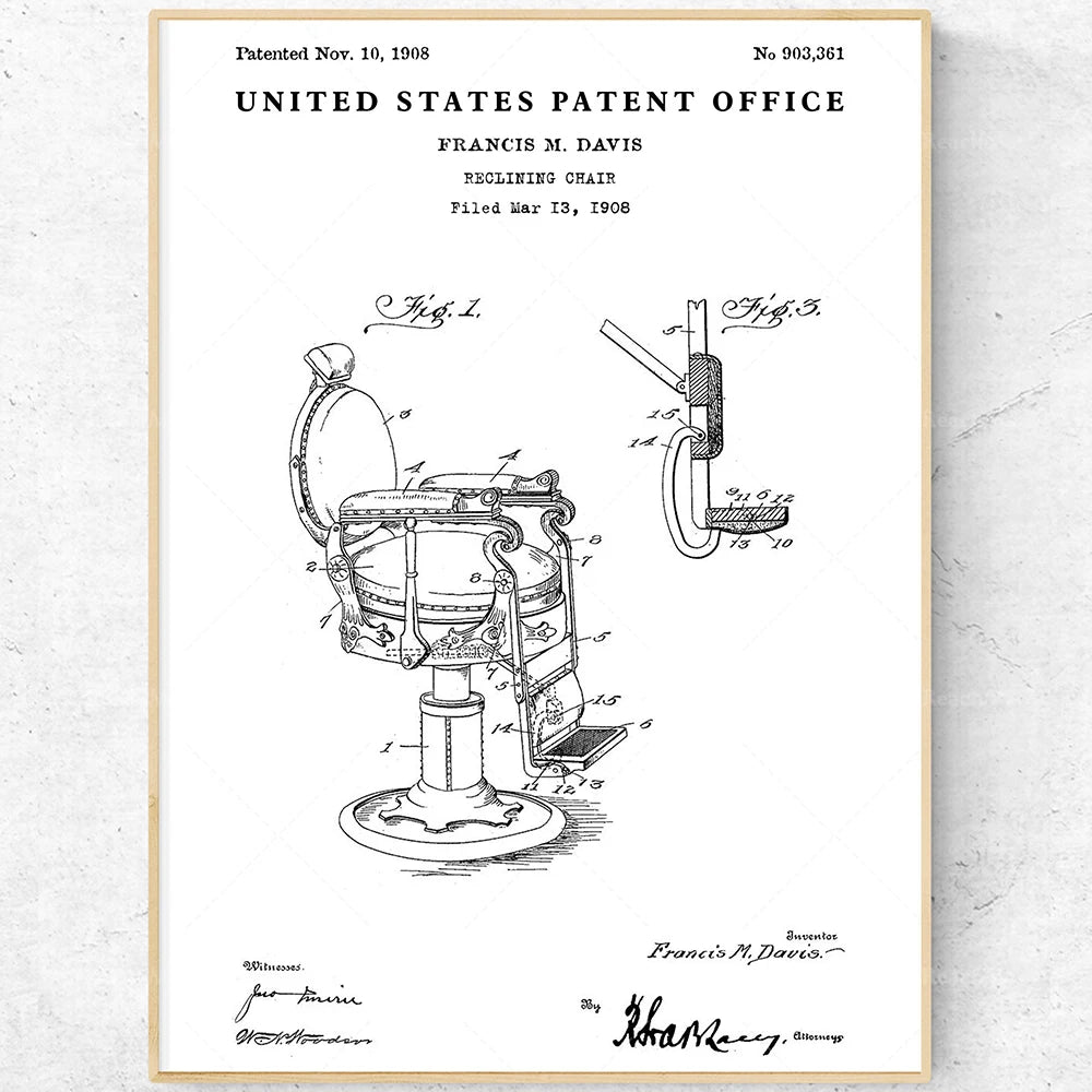 Le brevet dévoile une chaise inclinable révolutionnaire, inventée par Francis M. Davis et brevetée en 1908, caractérisée par son design innovant et ses mécanismes de pivotement complexes.