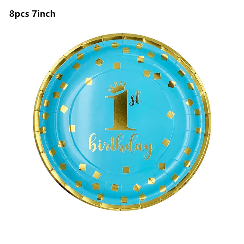 assiettes bleu clair anniversaire 1er anniversaire doré festif serviettes gobelets napkin tablecloth set festivités