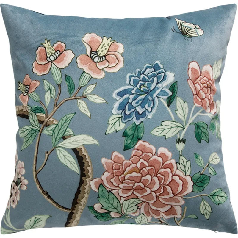 coussin décoratif motif oiseaux fleurs traditionnel tissu velours couleur beige opacité 45x45cm usage lit