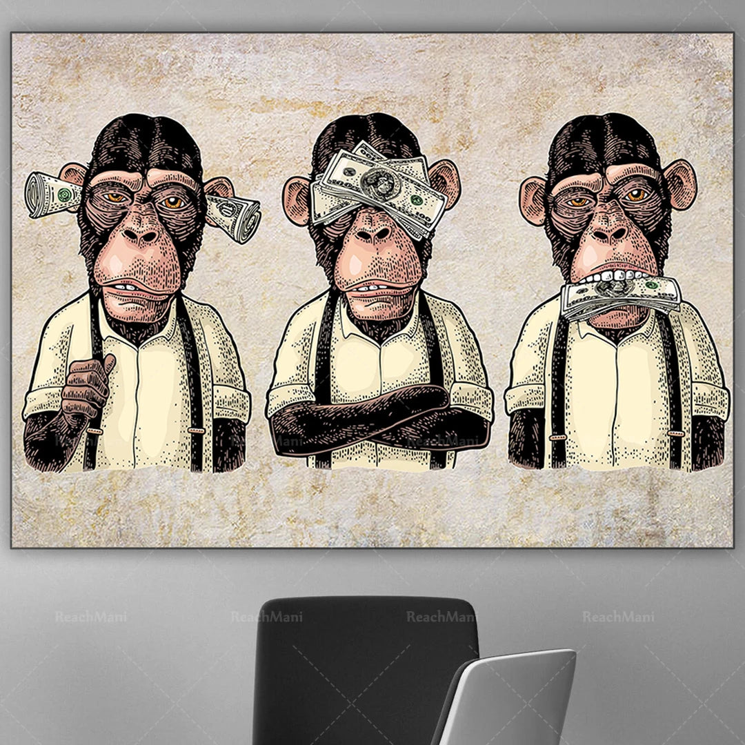 L'image présente trois portraits de chimpanzés dans un style de dessin caricatural. Chacun des chimpanzés porte des accessoires représentant différents aspects du monde des affaires et de la finance.