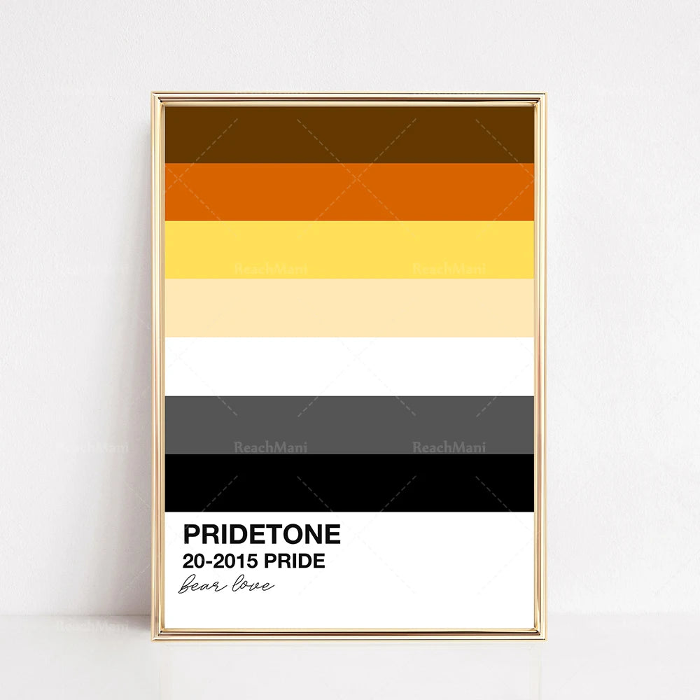 Affiche moderne avec motifs géométriques colorés et texte "Pridetone 20-2015 Pride, Bear love".