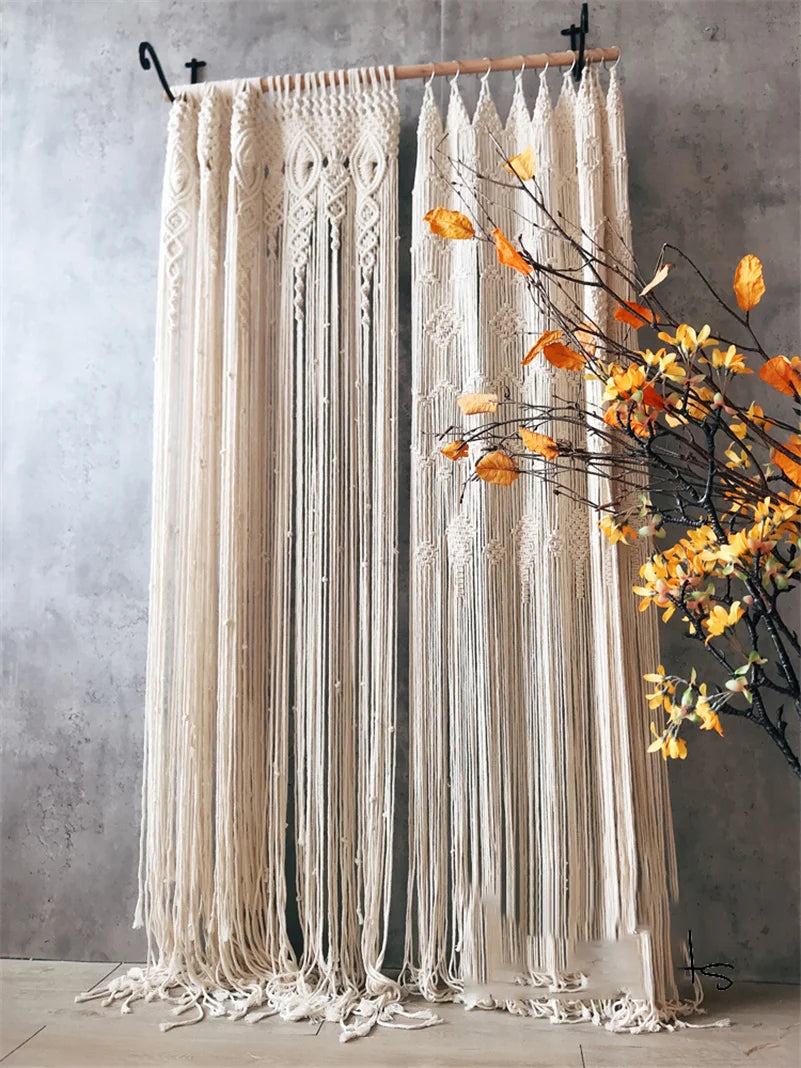 rideau macramé blanc crème motifs géométriques franges boho chic crochet métallique