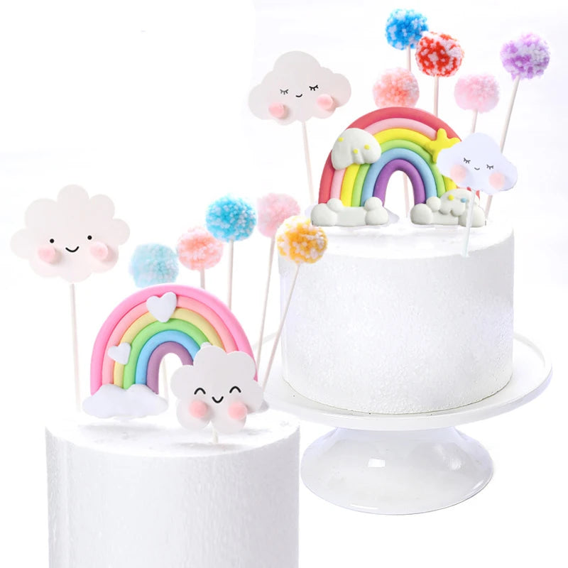 décoration gâteau arc ciel nuages pompons anniversaire enfant fête bébé pastel multicolore résine