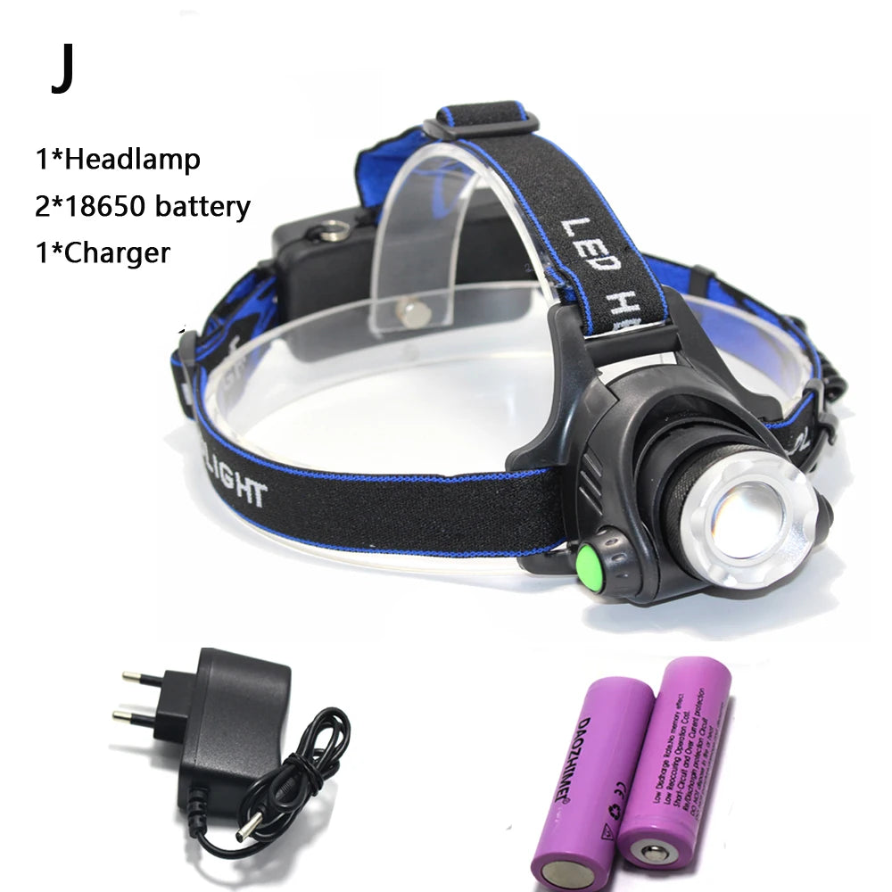 lampe frontale led rechargeable noir bleu vert rayures modernes pratique ceinture ajustable batteries chargeur