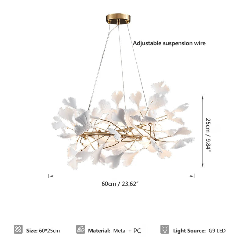 lampe suspendue feuilles gingko blanc doré contemporaine élégante salon chambre lumière chaînes porcelainière
