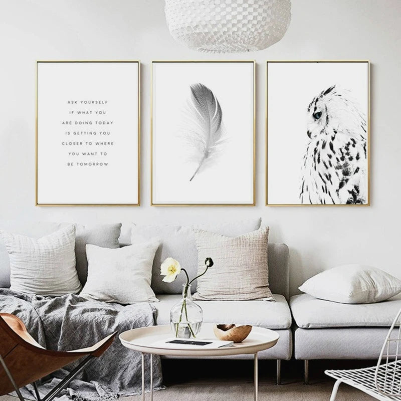 toile art moderne minimaliste plume oiseau citation lettres noir blanc salon décoration