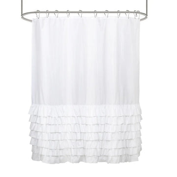rideau douche rose gris blanc volants polyester classique opacité anneaux métalliques machine laver respectueux