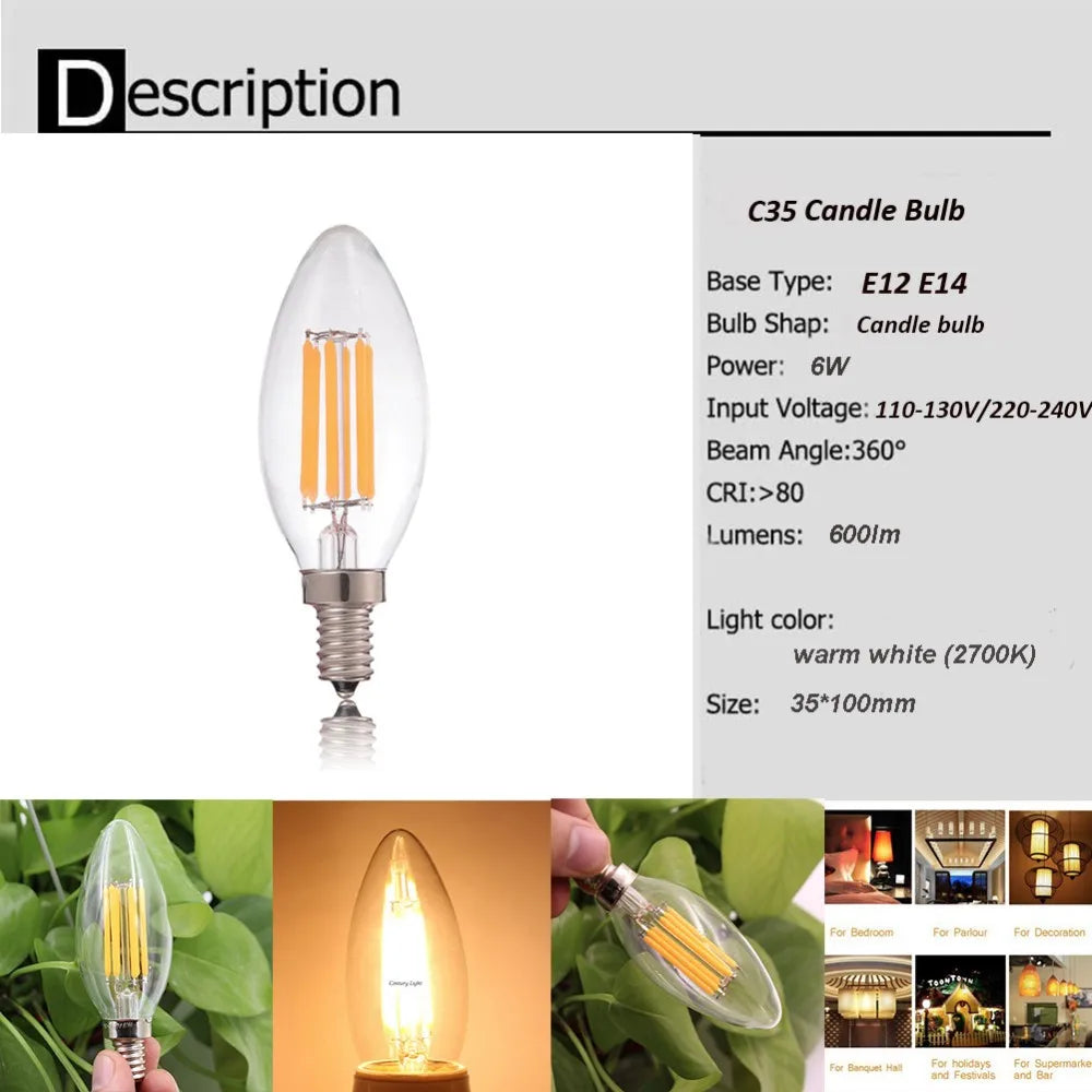 ampoule led filament doré effet bougie transparente vintage 360° blanc chaud 2700K