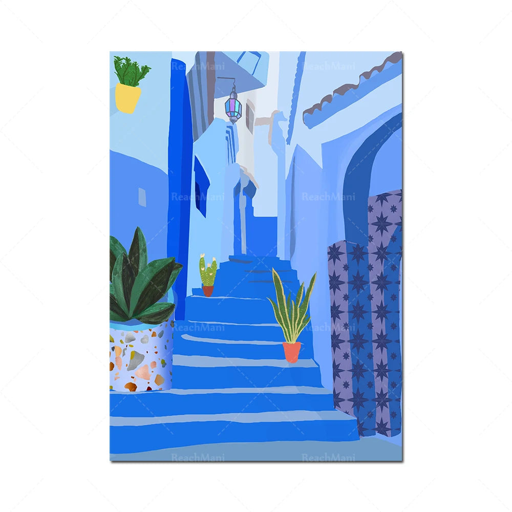 Escaliers bleus menant à un bâtiment méditerranéen avec une lanterne suspendue, entourés de plantes vertes et de motifs étoilés.