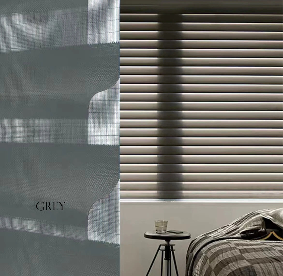 Stores verticaux motorisés tissu blanc règles horizontales moderne filtration lumière privacité chambre salon