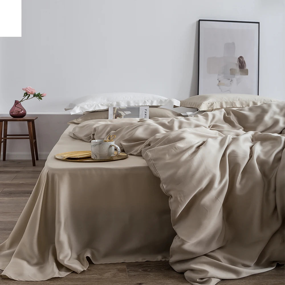ensemble literie soie rose poudré drap housse taies oreillers minimaliste moderne élégant doux respirant