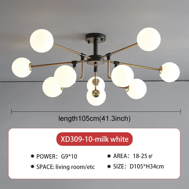 lampe suspension moderne sphères translucides structure dorée salon blanc nordique