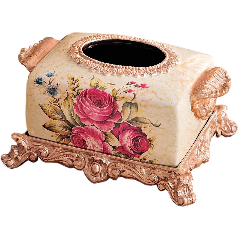 boîte mouchoirs résine fleurs baroques classique doré beige salon chambre